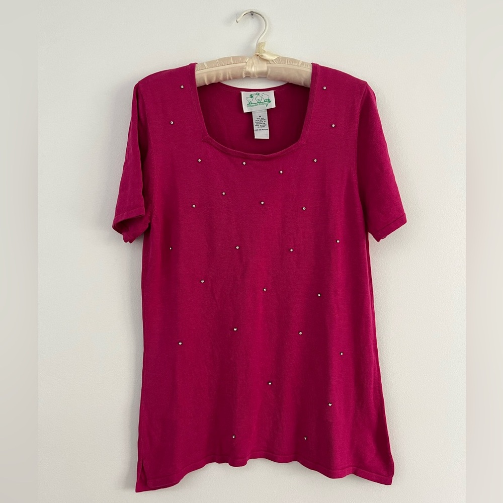 Vintage Quacker Factory Silk Magenta Rhinestone Square Neck Short Sleeve Shirt